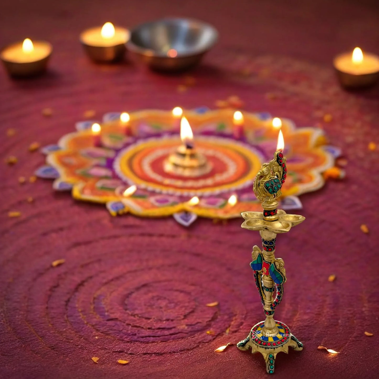 Brass Gem Stone Work Diya Idol for Home and Decor Weight 1.2 Kg Height 11.8 inch