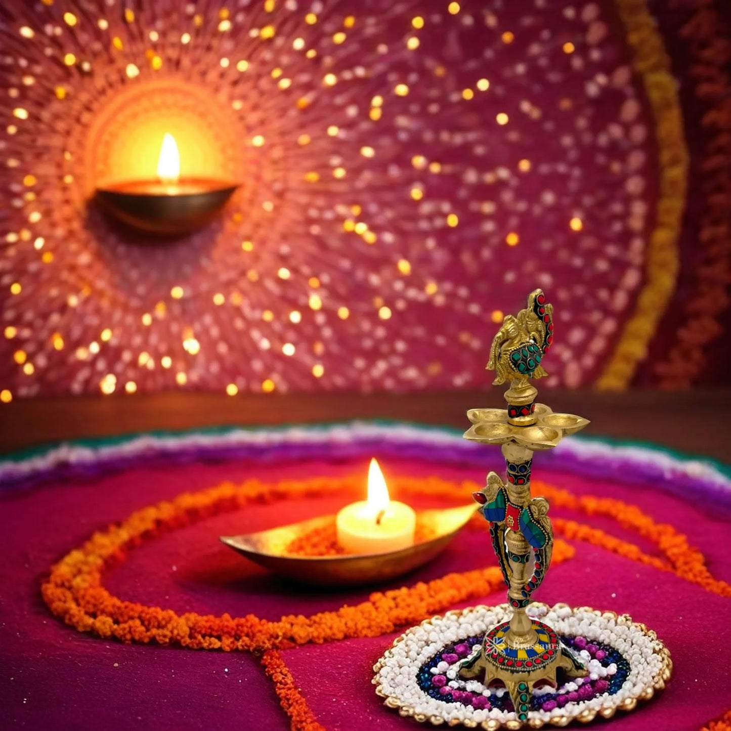 Brass Gem Stone Work Diya Idol for Home and Decor Weight 1.2 Kg Height 11.8 inch