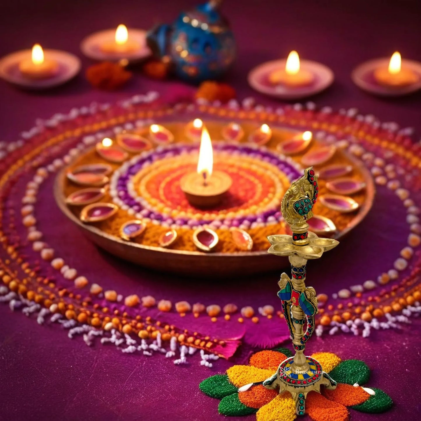 Brass Gem Stone Work Diya Idol for Home and Decor Weight 1.2 Kg Height 11.8 inch