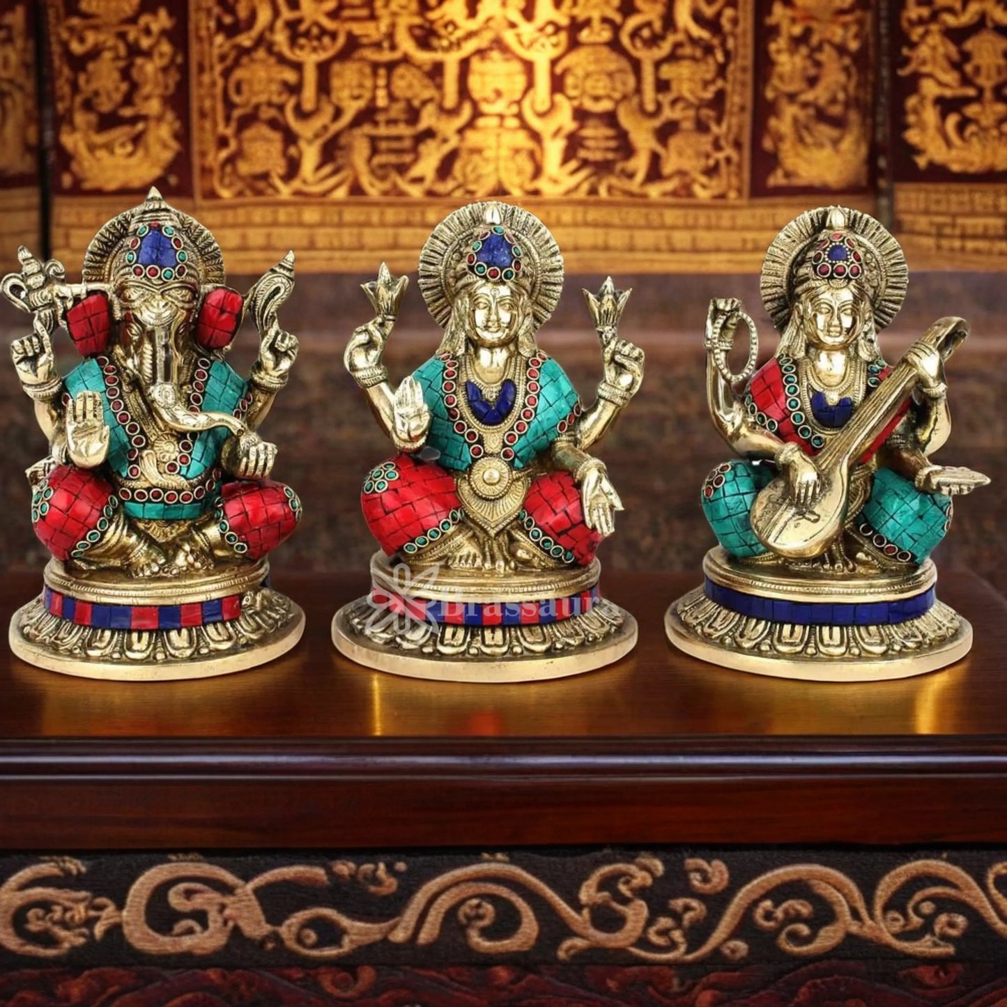 Brassaura™ Brass Gem Stone Work Laxmi Ganesha Saraswati Murti – Height 8.5 Inches & Weight 9.3 Kgs | Divine Trio Idol