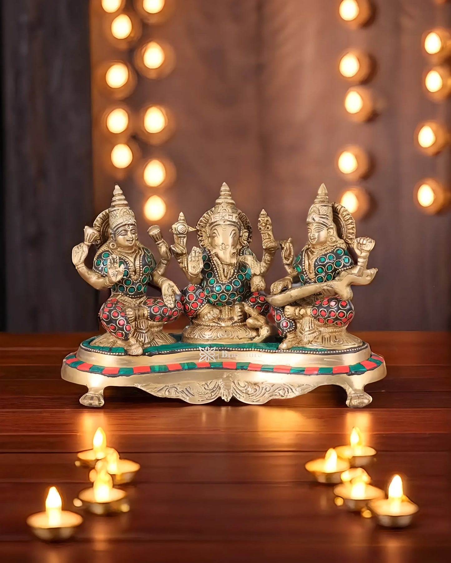 Brass Gem Stone Work Laxmi Ganesha Saraswati Murti for Home and Decor Height 6.2 Inches & Weight 3 Kgs