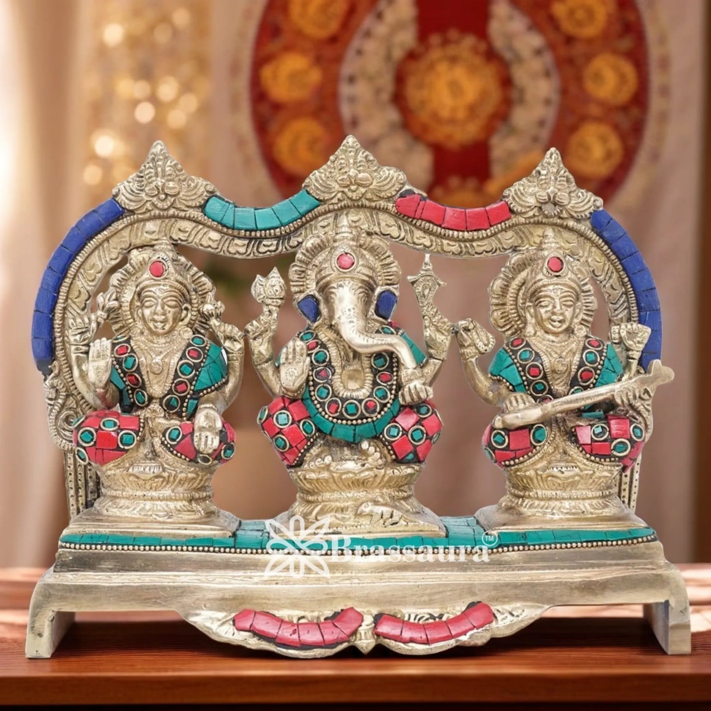 Brassaura™ Artistic Brass Gemstone Laxmi Ganesha Saraswati Statue – Height 7 Inches & Weight 3.8 Kgs | Puja Room Idol