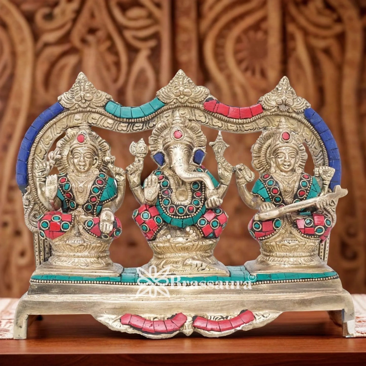 Brassaura™ Artistic Brass Gemstone Laxmi Ganesha Saraswati Statue – Height 7 Inches & Weight 3.8 Kgs | Puja Room Idol
