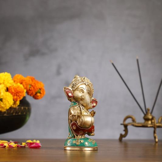 Brassaura® बेबी ढोलक भगवान गणेश प्रतिमा | पीतल हस्तनिर्मित | ऊंचाई 5 इंच