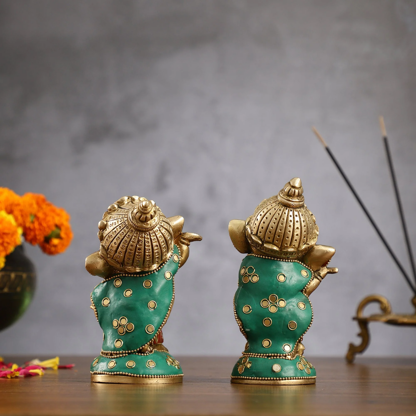Brassaura™ Set of 2 Baby Lord Ganesha Idols | Brass with Stonework & Golden Accents | Height 5 Inches & Total Weight 2.5 Kgs