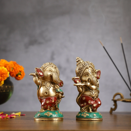 Brassaura™ Set of 2 Baby Lord Ganesha Idols | Brass with Stonework & Golden Accents | Height 5 Inches & Total Weight 2.5 Kgs