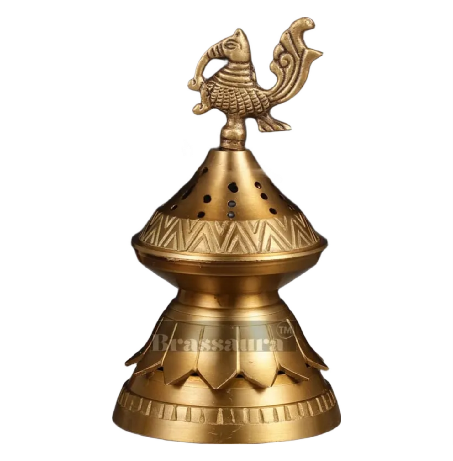 Brassaura™ Brass Peacock Loban Daam Dhoop Burner – Height 6.5 Inches | Traditional Incense Holder, 470 Gms