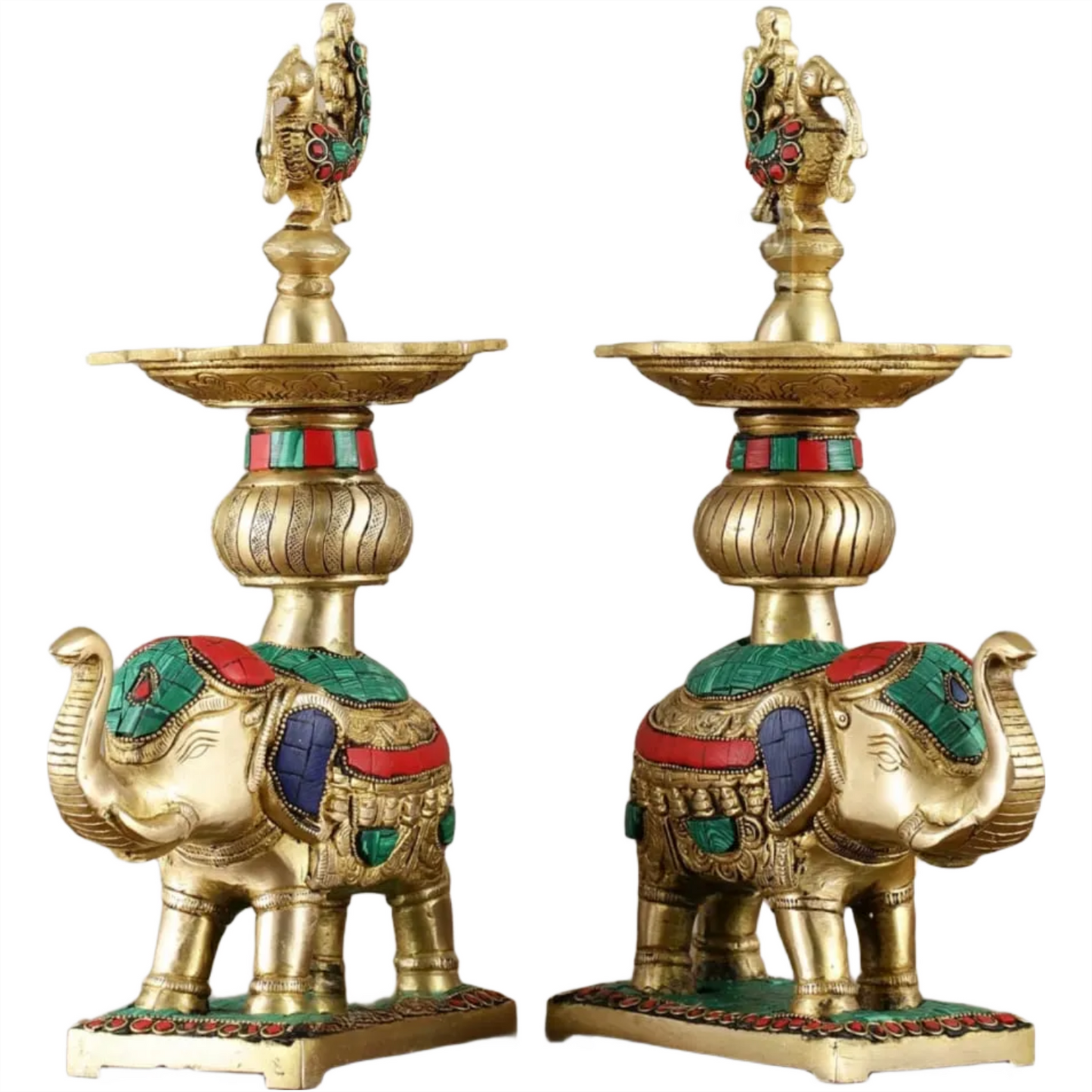 Brassaura™ Pair of Brass Elephants Holding Peacock Lamps – Height 11.5 Inches | Traditional Oil Lamps, 6 Kgs