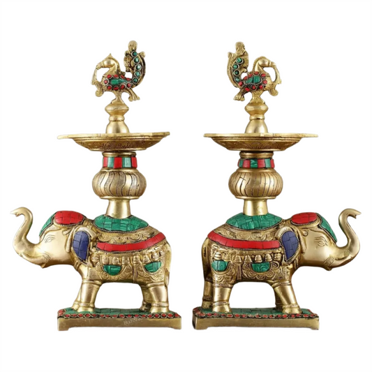 Brassaura™ Pair of Brass Elephants Holding Peacock Lamps – Height 11.5 Inches | Traditional Oil Lamps, 6 Kgs