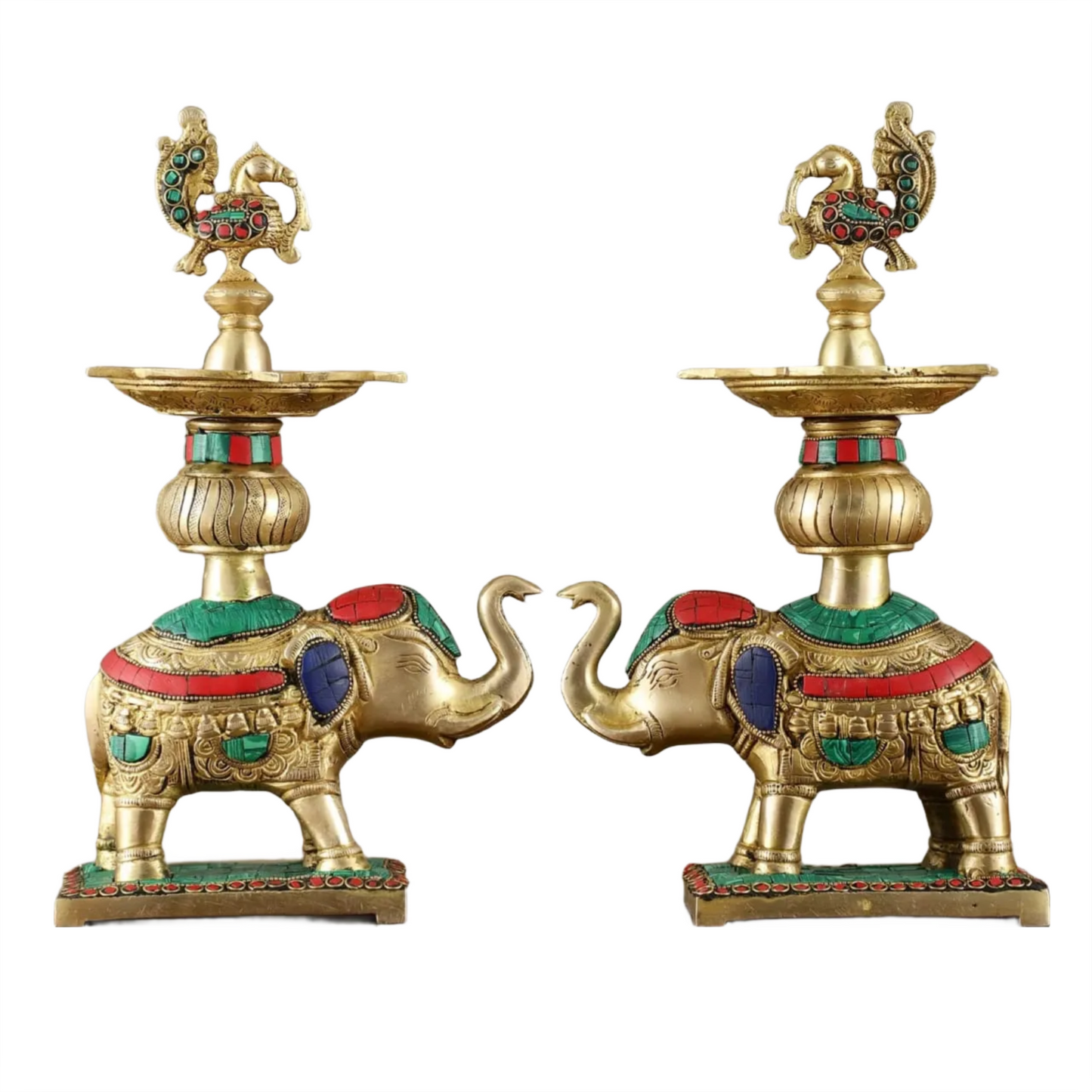 Brassaura™ Brass Elephant Holding Peacock Lamp – Height 11.5 Inches | Traditional Oil Lamps, 3 Kgs