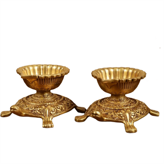 Brassaura™ Brass Tortoise Shaped Diya Lamps Pair with Matte Gold Finish – Height 4 Inches | Traditional Oil Lamp, 3.6  Kgs