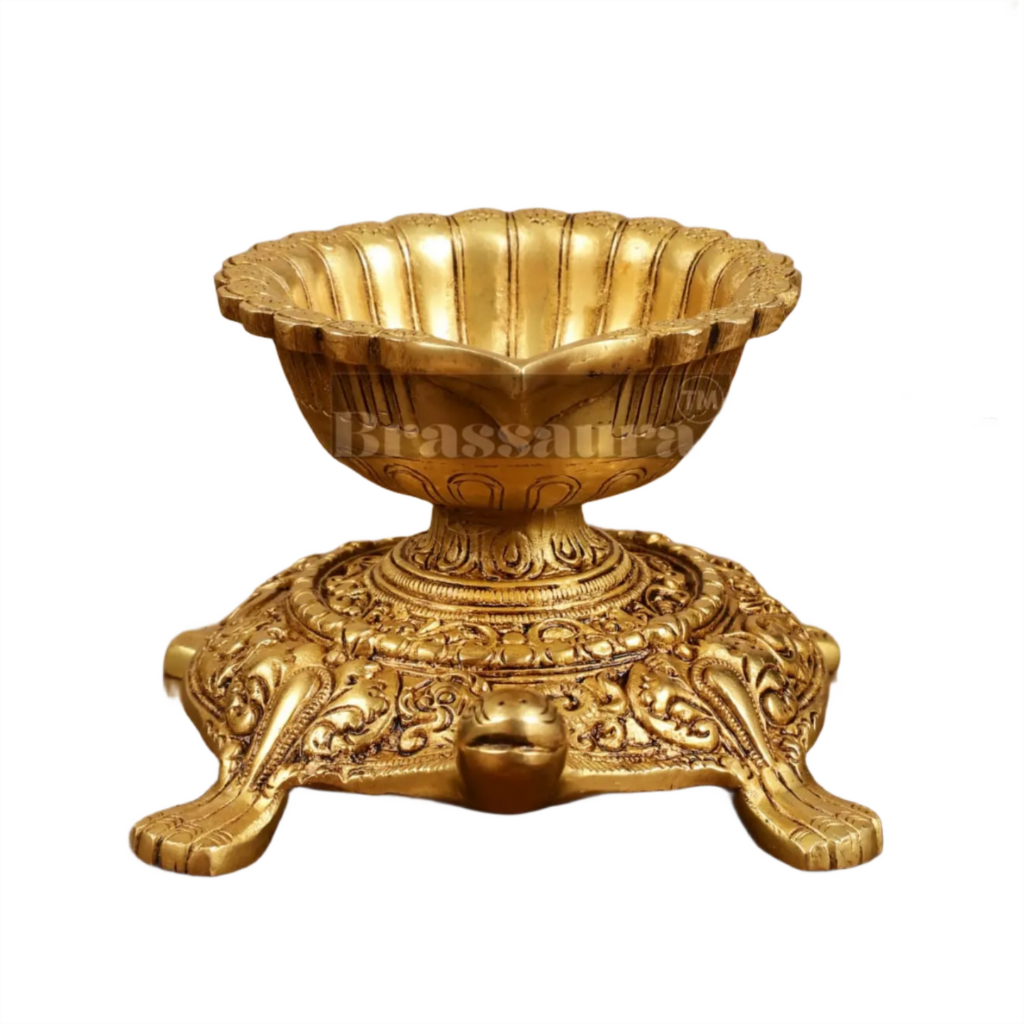 Brassaura™ Brass Tortoise Shaped Diya Lamps Pair with Matte Gold Finish – Height 4 Inches | Traditional Oil Lamp, 3.6 Kgs