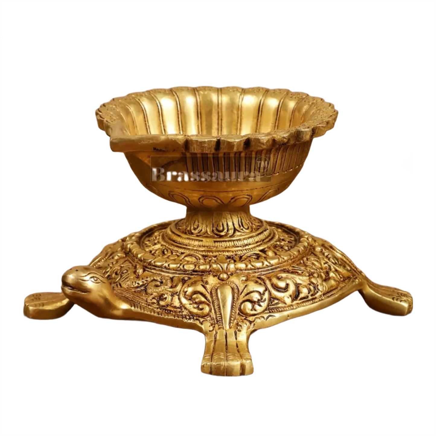 Brassaura™ Brass Tortoise Shaped Diya Lamps Pair with Matte Gold Finish – Height 4 Inches | Traditional Oil Lamp, 3.6 Kgs