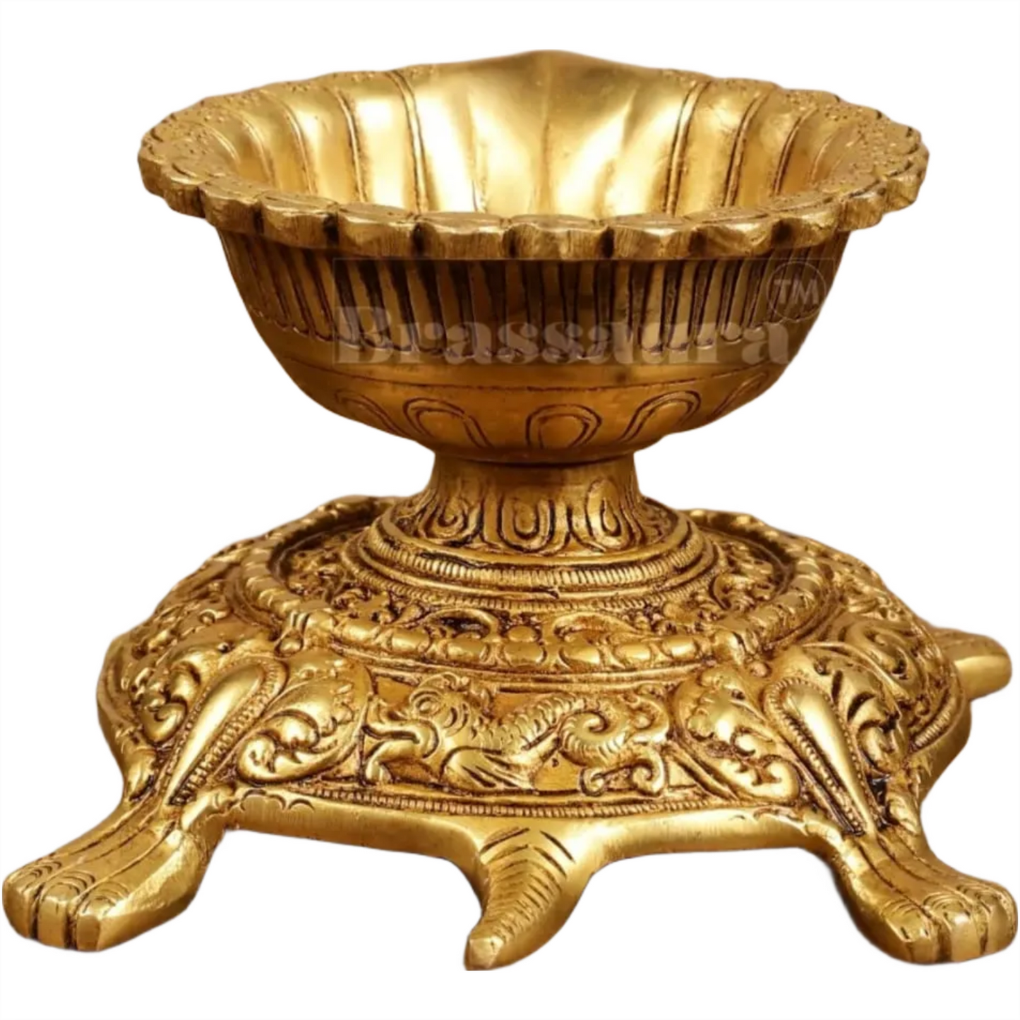 Brassaura™ Brass Tortoise Shaped Diya Lamps Pair with Matte Gold Finish – Height 4 Inches | Traditional Oil Lamp, 3.6 Kgs