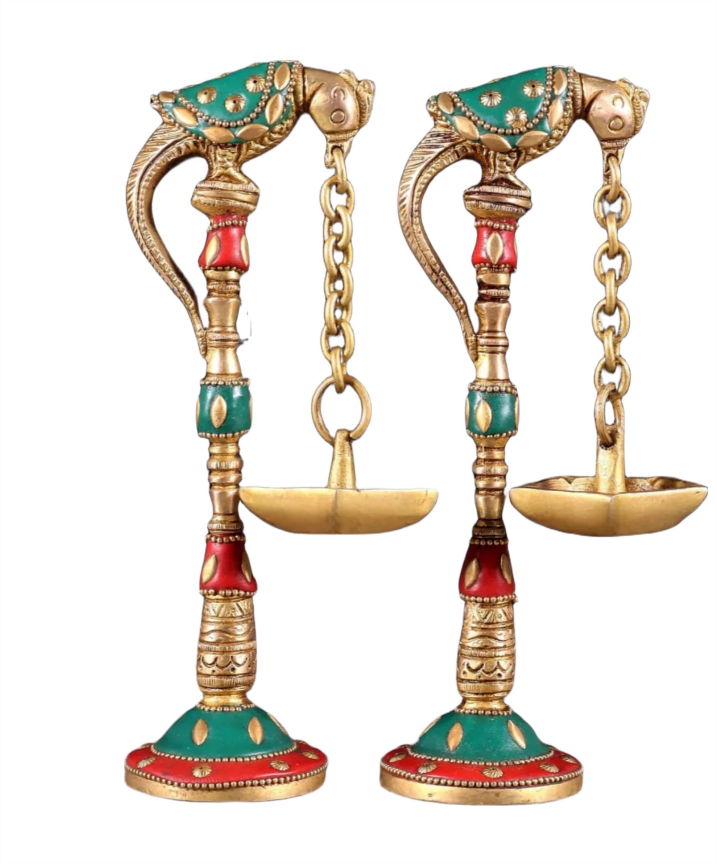 Brassaura™ Brass Parrot Oil Lamps with Stonework – Height 7 Inches | Pair of Traditional Lamps, 1 Kg