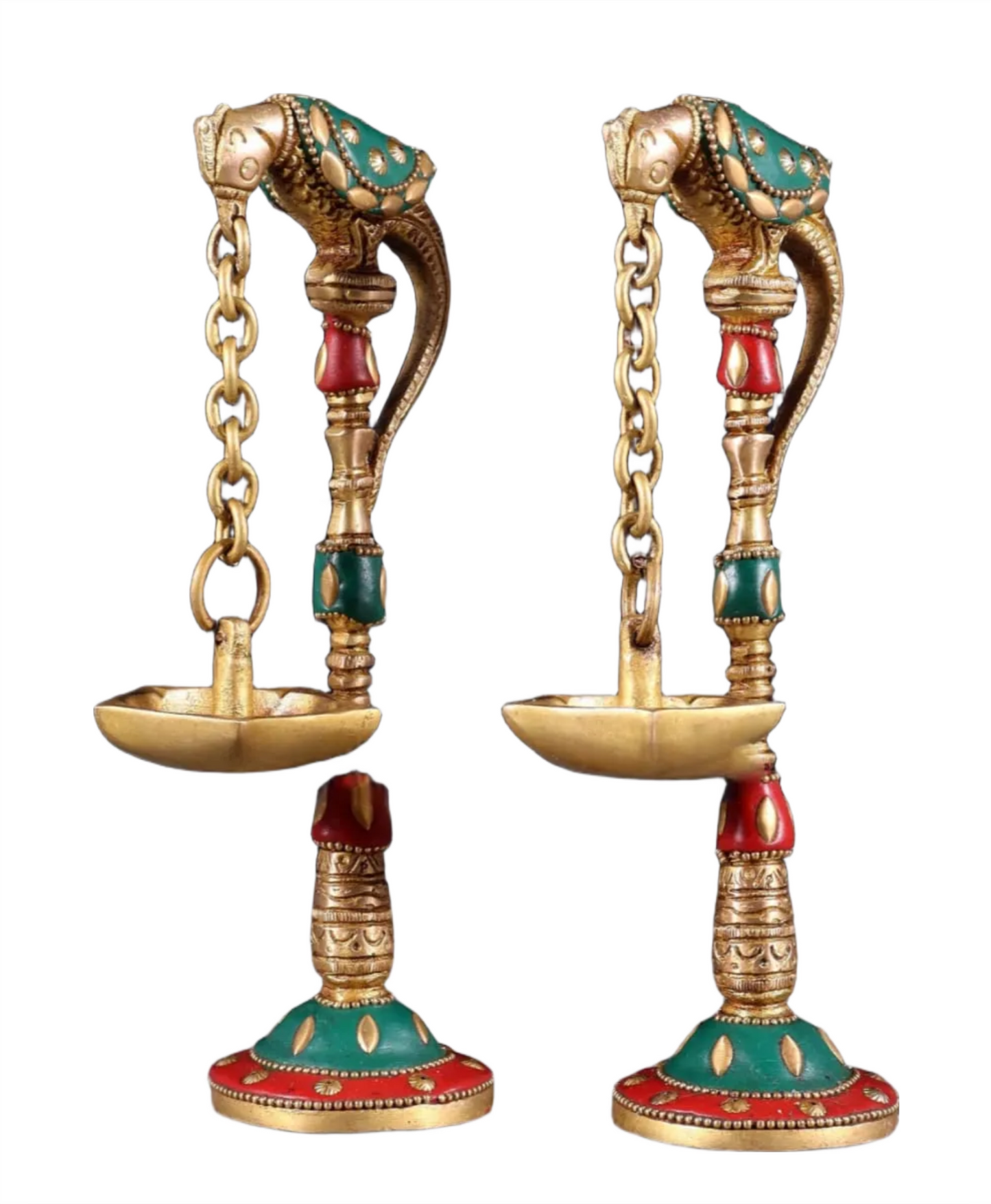 Brassaura™ Brass Parrot Oil Lamps with Stonework – Height 7 Inches | Pair of Traditional Lamps, 1 Kg