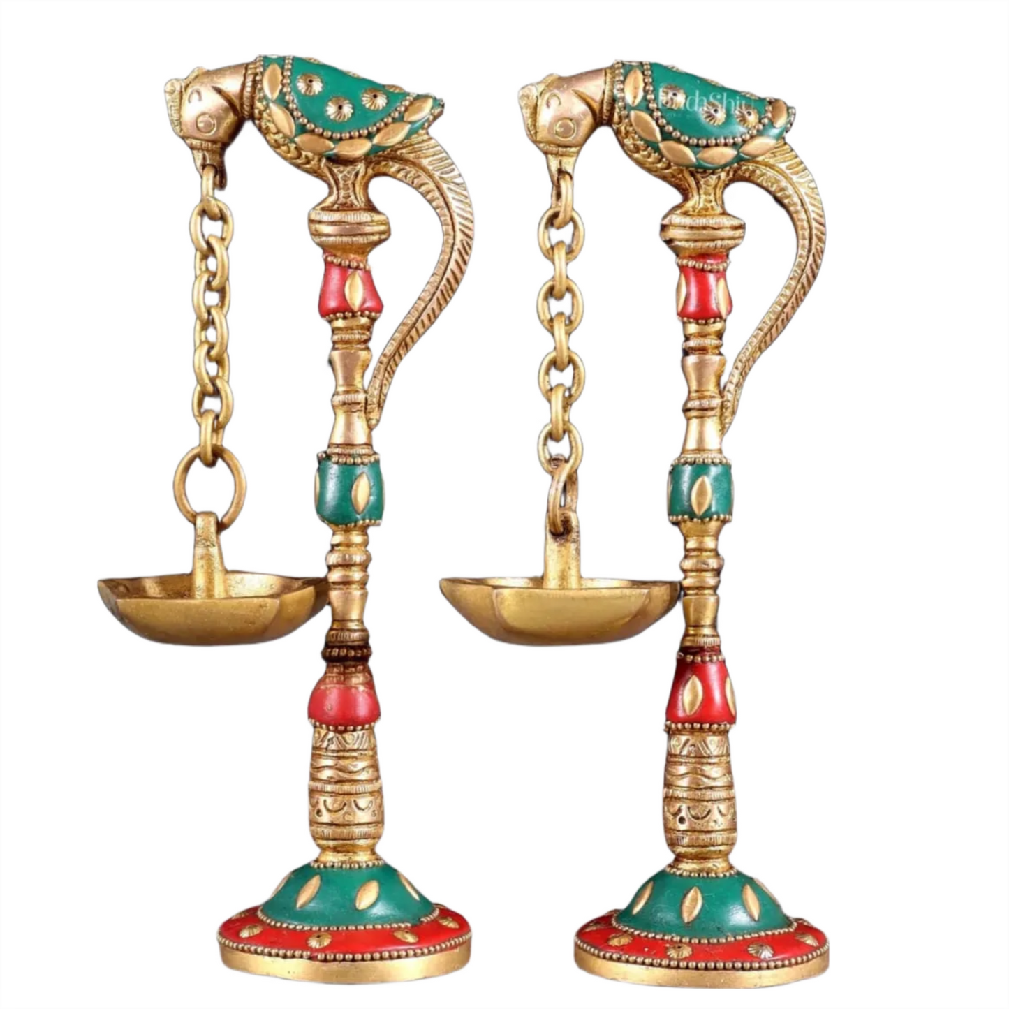Brassaura™ Brass Parrot Oil Lamps with Stonework – Height 7 Inches | Pair of Traditional Lamps, 1 Kg