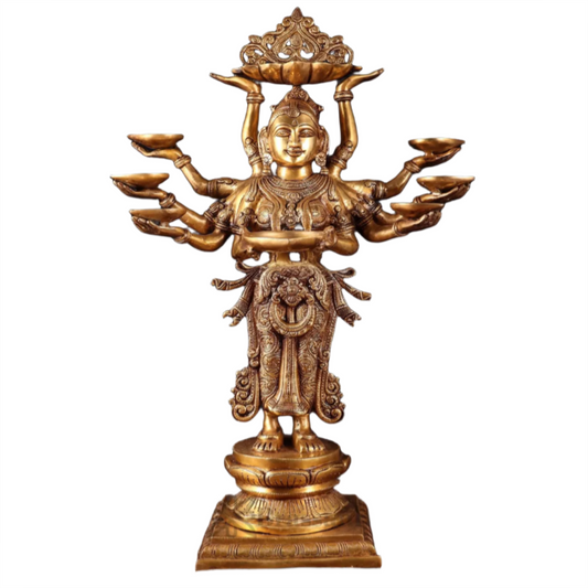 Brassaura™ Brass Deep Lakshmi Statue with 7 Diyas & Urli – Height 28 Inches | Handcrafted Goddess Idol, 18 Kgs