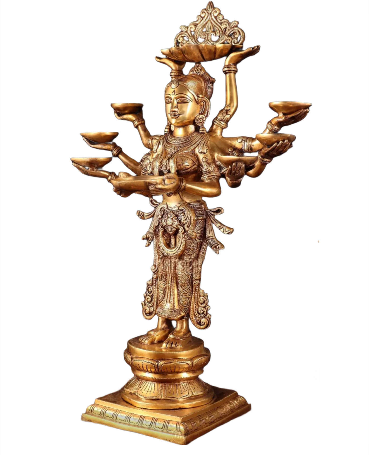 Brassaura™ Brass Deep Lakshmi Statue with 7 Diyas & Urli – Height 28 Inches | Handcrafted Goddess Idol, 18 Kgs