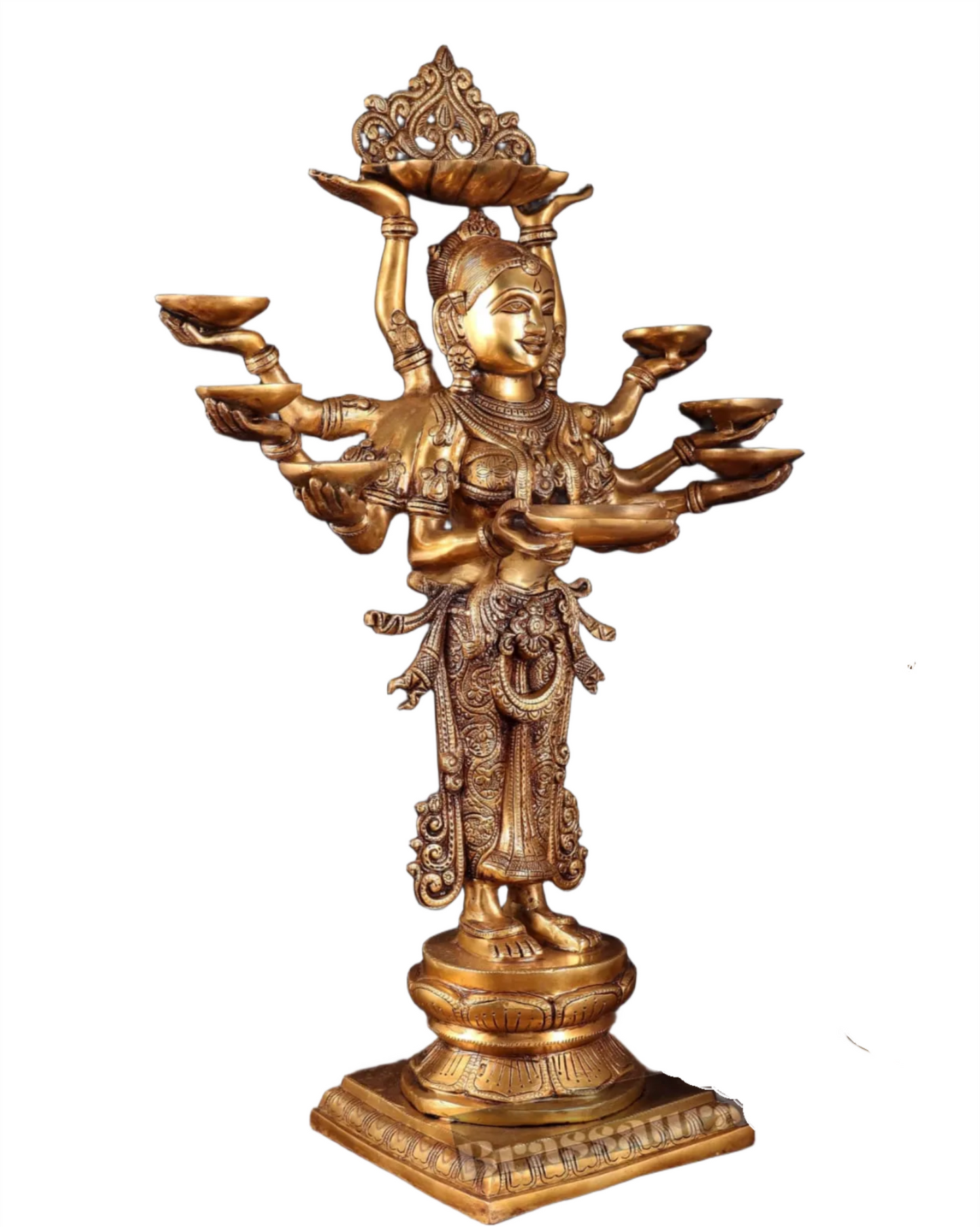 Brassaura™ Brass Deep Lakshmi Statue with 7 Diyas & Urli – Height 28 Inches | Handcrafted Goddess Idol, 18 Kgs