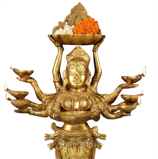 Brassaura™ Brass Deep Lakshmi Idol with Ten Hands – Height 15 Inches | Handcrafted Goddess Statue, 4 Kgs