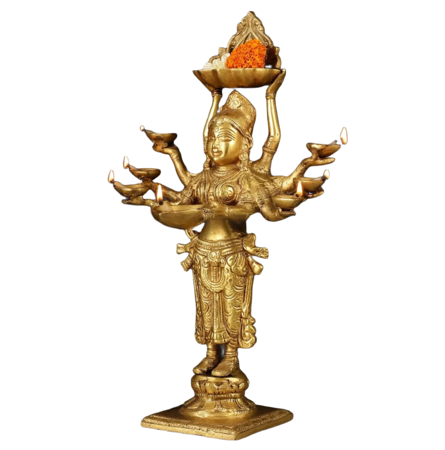 Brassaura™ Brass Deep Lakshmi Idol with Ten Hands – Height 15 Inches | Handcrafted Goddess Statue, 4 Kgs