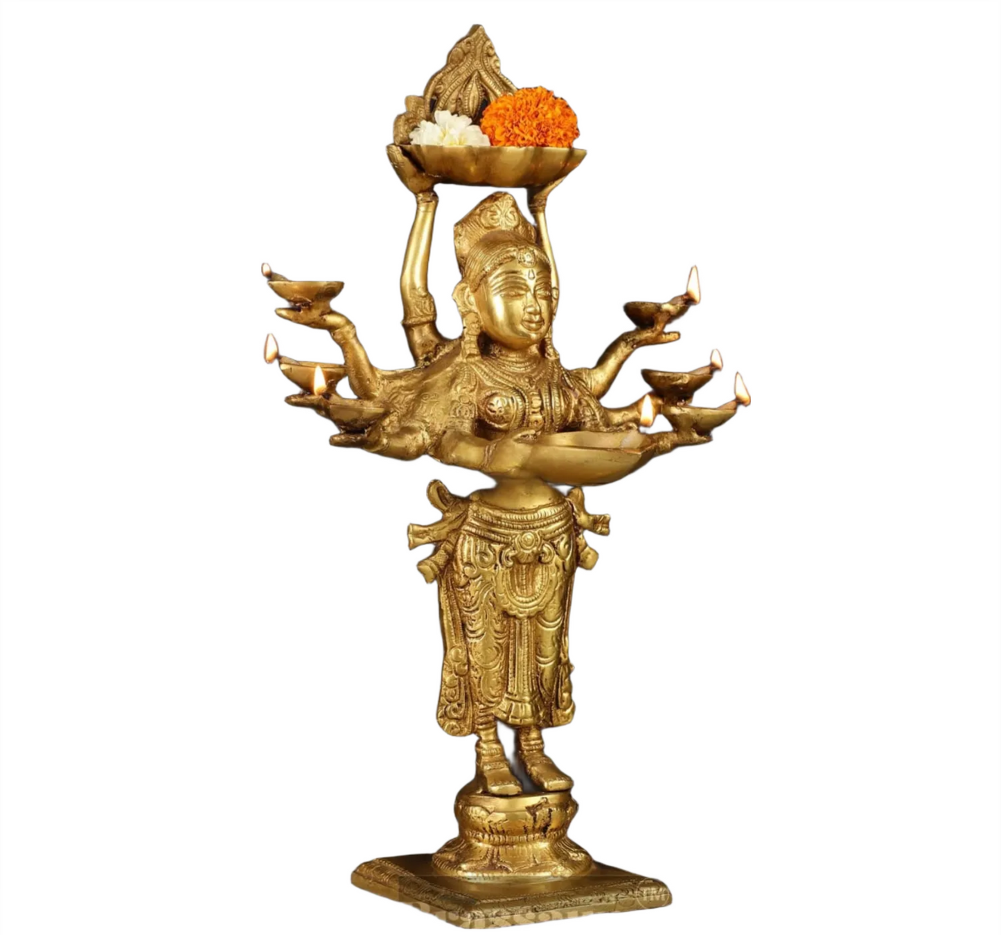 Brassaura™ Brass Deep Lakshmi Idol with Ten Hands – Height 15 Inches | Handcrafted Goddess Statue, 4 Kgs