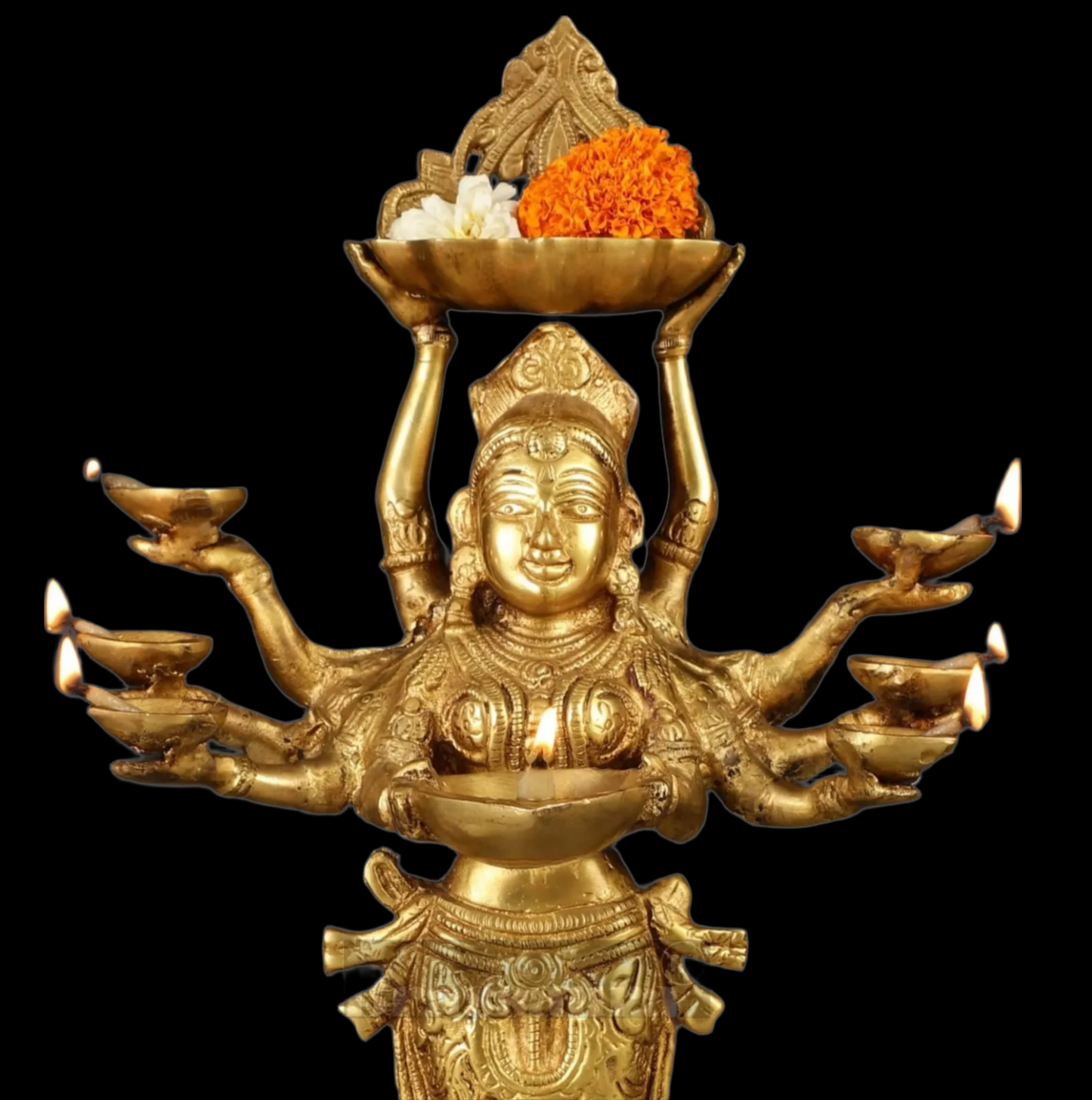 Brassaura™ Brass Deep Lakshmi Idol with Ten Hands – Height 15 Inches | Handcrafted Goddess Statue, 4 Kgs