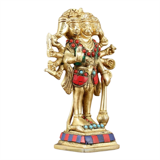 Brassaura™ Pure Brass Standing Panchmukhi Hanuman Idol – Height 7 Inches & Weight 1.182 Kgs | Handcrafted Temple Idol