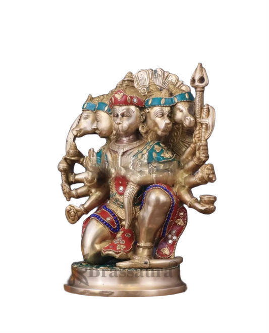 Brassaura™ Brass Panchmukhi Hanuman Idol – Height 11 Inches & Weight 6.6 Kgs | Handcrafted with Natural Stones