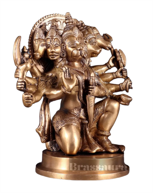 Brassaura™ Brass Superfine Panchmukhi Hanuman Idol – Height 11 Inches & Weight 6.6 Kgs | Antique Tone Handcrafted Idol