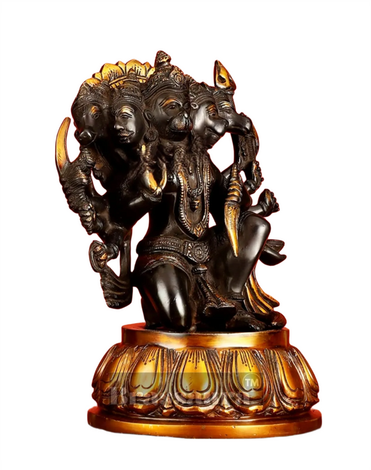 Brassaura™ Pure Brass Panchmukhi Hanuman Idol – Height 13.5 Inches & Weight 9 Kgs | Heat-Treated Black & Gold Finish