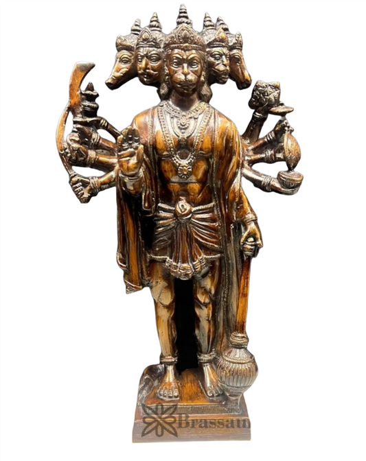 Brassaura™ Handcrafted Superfine Brass Panchmukhi Hanuman Idol – Height 14 Inches & Weight 5.5 Kgs | Intricately Engraved Base