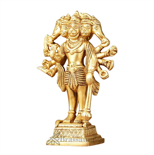 Brassaura™ Pure Brass Standing Panchmukhi Hanuman Idol – Height 7 Inches & Weight 1.182 Kgs | Handcrafted Miniature Idol