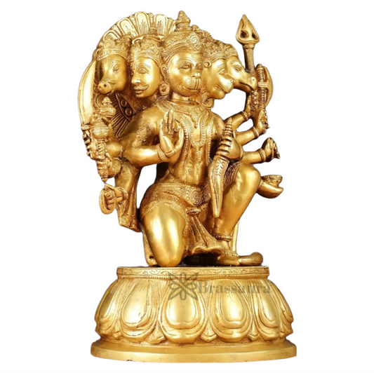Brassaura™ Handcrafted Superfine Brass Panchmukhi Hanuman Idol – Height 13.5 Inches & Weight 9 Kgs | Heat-Treated Golden Permanent Finish