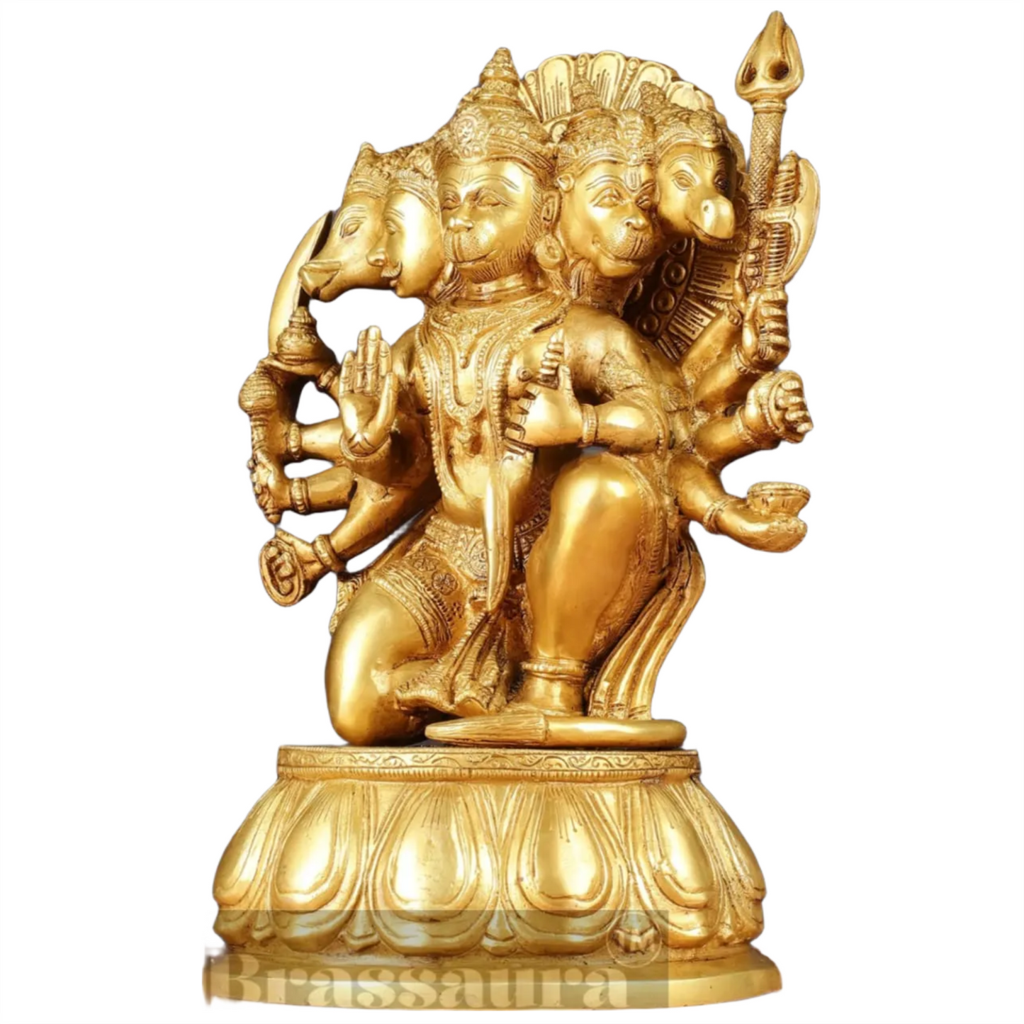 Brassaura™ Handcrafted Superfine Brass Panchmukhi Hanuman Idol – Height 13.5 Inches & Weight 9 Kgs | Heat-Treated Golden Permanent Finish