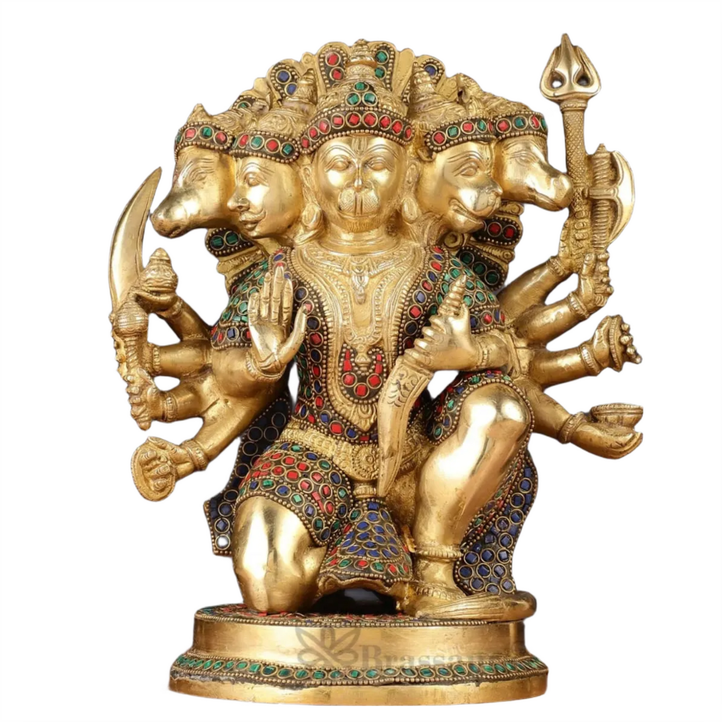 Brassaura™ Handmade Panchmukhi Hanuman Idol – Height 11 Inches & Weight 6.6 Kgs | Golden Finish