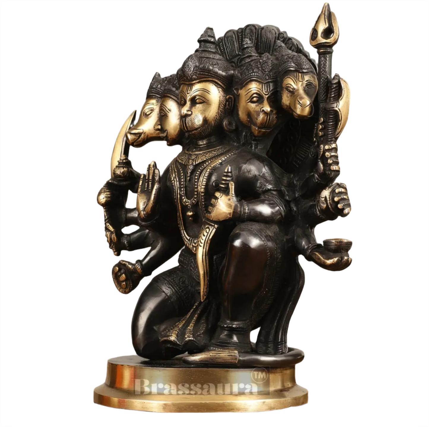 Brassaura™ Handmade Superfine Brass Panchmukhi Hanuman Idol – Height 11 Inches & Weight 6.6 Kgs | Black & Gold Heat-Treated Finish