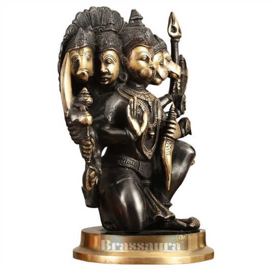 Brassaura™ Handmade Superfine Brass Panchmukhi Hanuman Idol – Height 11 Inches & Weight 6.6 Kgs | Black & Gold Heat-Treated Finish