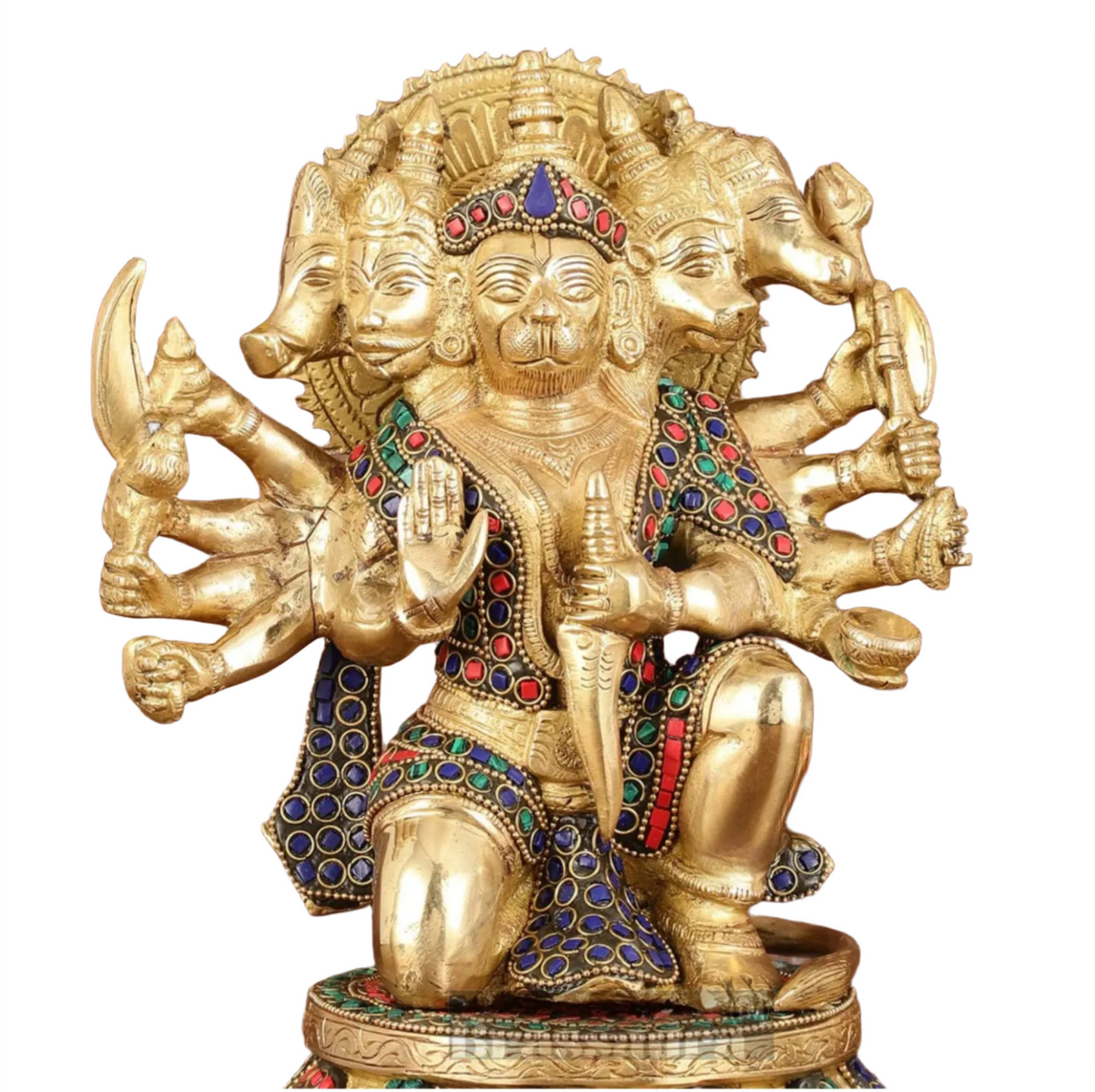Brassaura™ Brass Superfine Panchmukhi Hanuman Idol – Height 10 Inches & Weight 7 Kgs | Stonework