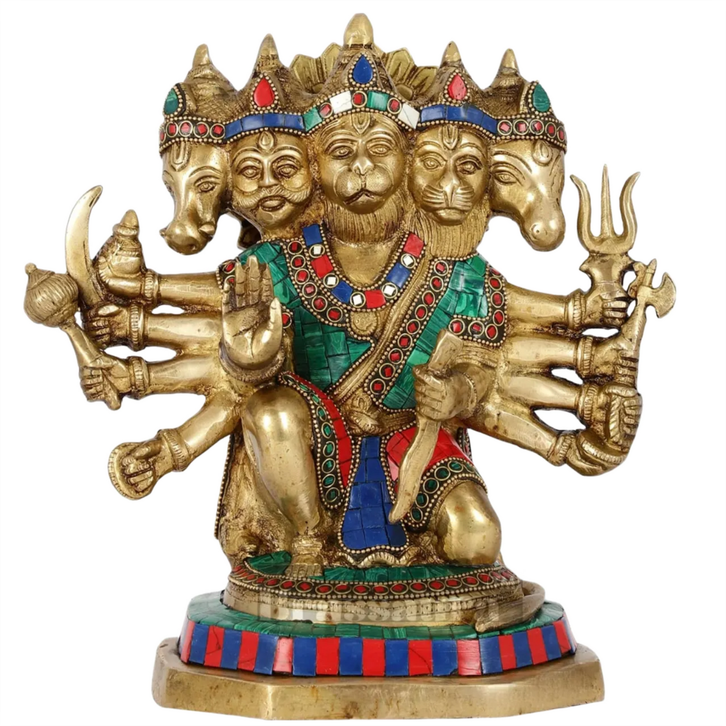 Brassaura™ Brass Panchmukhi Hanuman Idol – Height 11.5 Inches & Weight 6 Kgs | Handcrafted with Stonework
