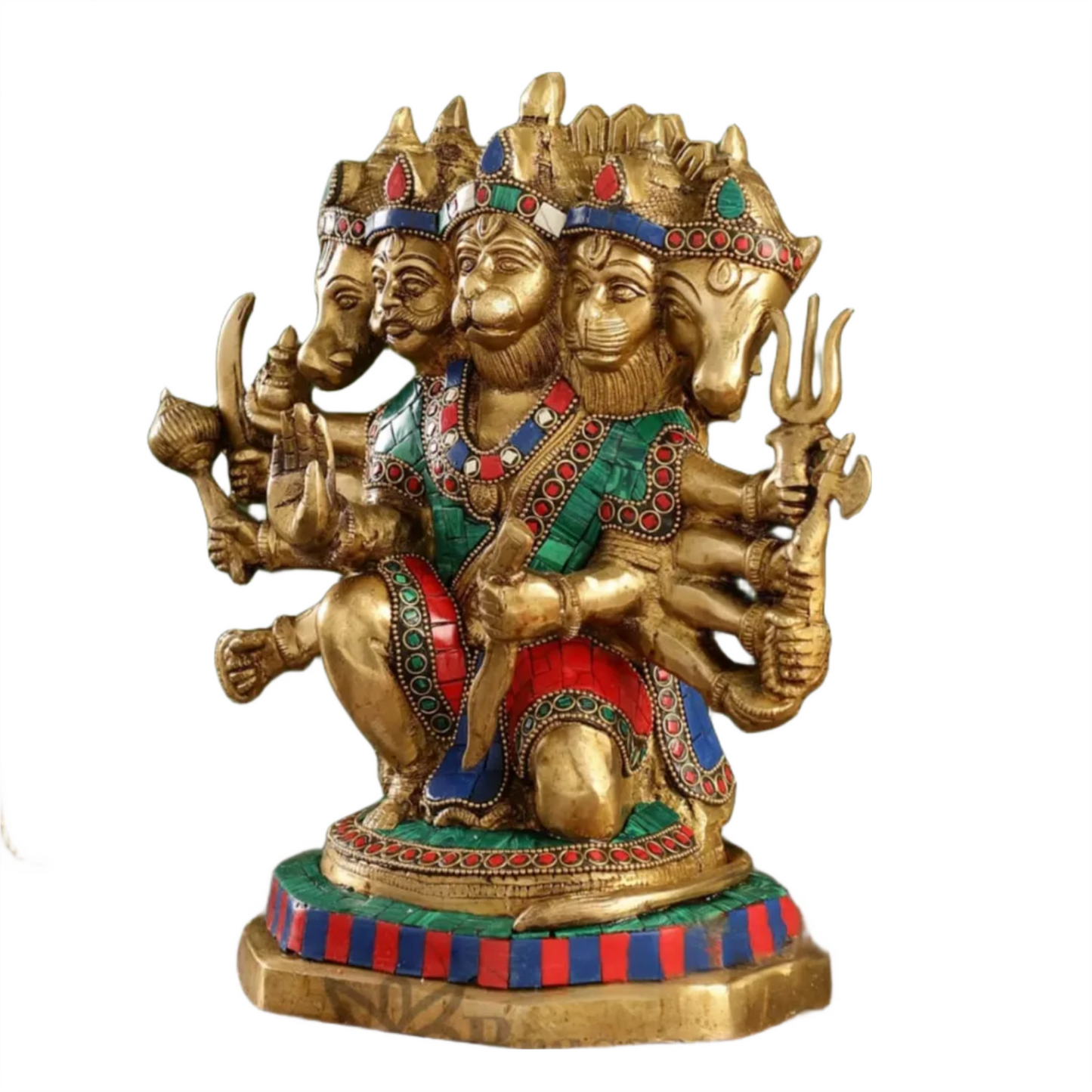 Brassaura™ Brass Panchmukhi Hanuman Idol – Height 11.5 Inches & Weight 6 Kgs | Handcrafted with Stonework