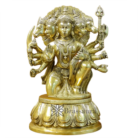 Brassaura™ Handcrafted Superfine Brass Panchmukhi Hanuman Idol – Height 13.5 Inches & Weight 9 Kgs | Heat-Treated Golden Permanent Finish