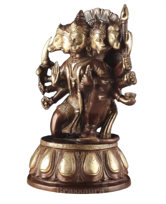 Brassaura™ Brass Panchmukhi Hanuman Idol – Height 13.5 Inches & Weight 9 Kgs | Dual Tone Chola Finish