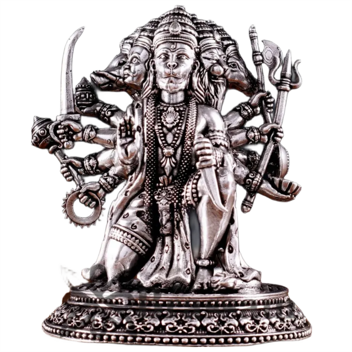 Brassaura™ Pure Brass Silver-Plated Panchmukhi Hanuman Idol – Height 4.5 Inches & Weight 450g | Handcrafted Miniature Idol
