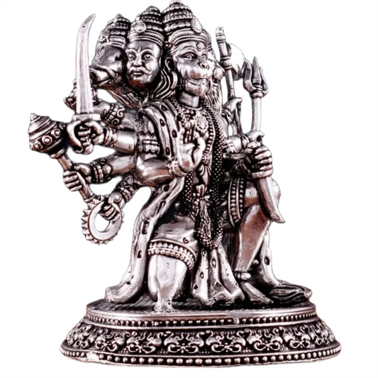 Brassaura™ Pure Brass Silver-Plated Panchmukhi Hanuman Idol – Height 4.5 Inches & Weight 450g | Handcrafted Miniature Idol