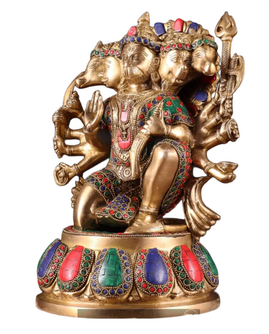 Brassaura™ Handcrafted Superfine Brass Panchmukhi Hanuman Idol – Height 13.5 Inches & Weight 9 Kgs | Meenakari Stonework