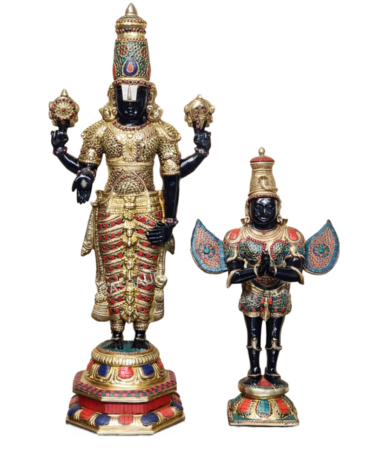 Brassaura™ Brass Gem Stone Work Tirupati Balaji with Garuda – Height 33.5 Inches (22 Kgs) & 22 Inches (10 Kgs) | Black & Golden Finish