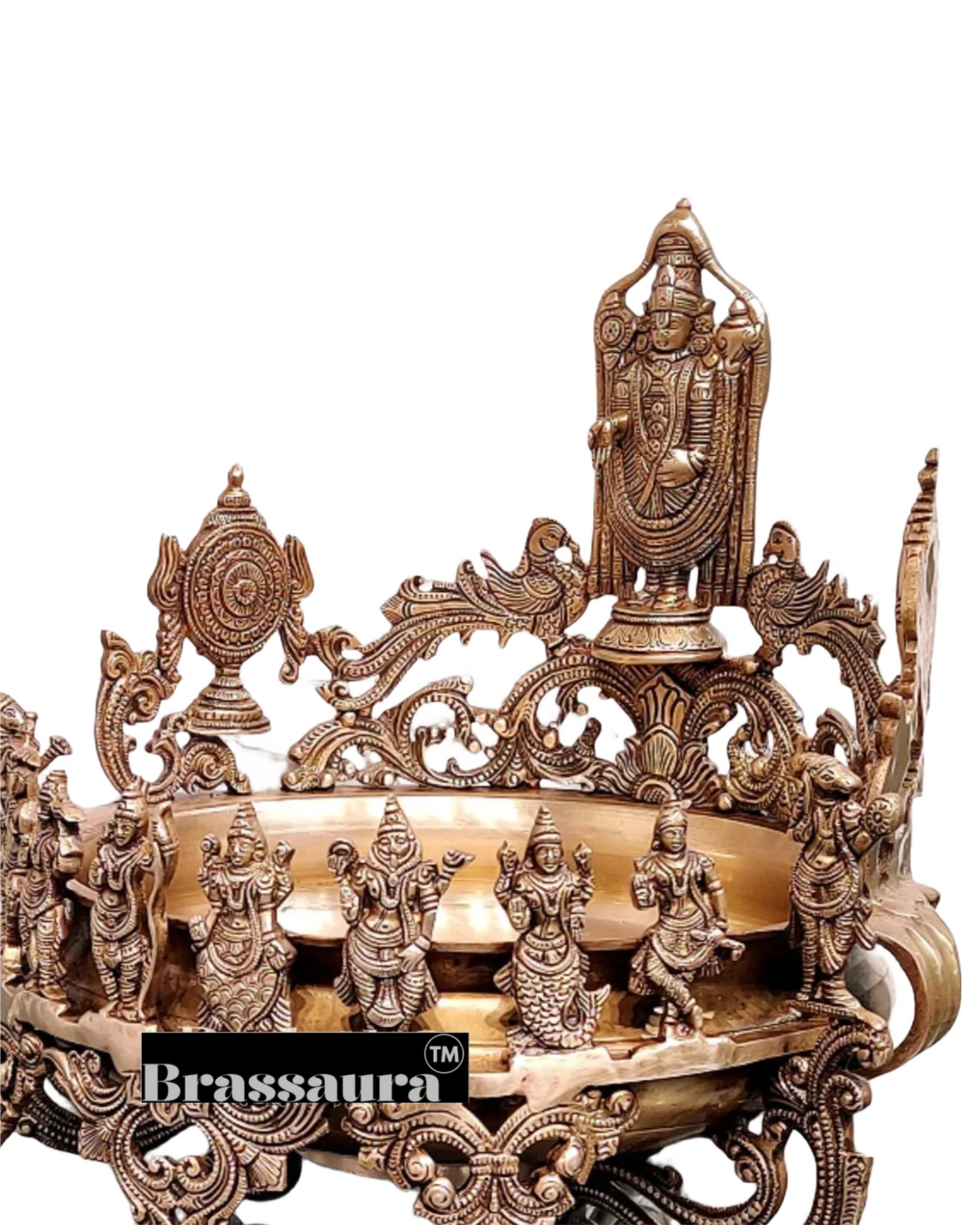 It's a large Traditional Urli with Lord tirupati balaji and 10 incarnations of Lord Vishnu. Material: Superfine Brass Height 16.5 inches Width 17 inches Depth 17 inches Weight 15 kgs