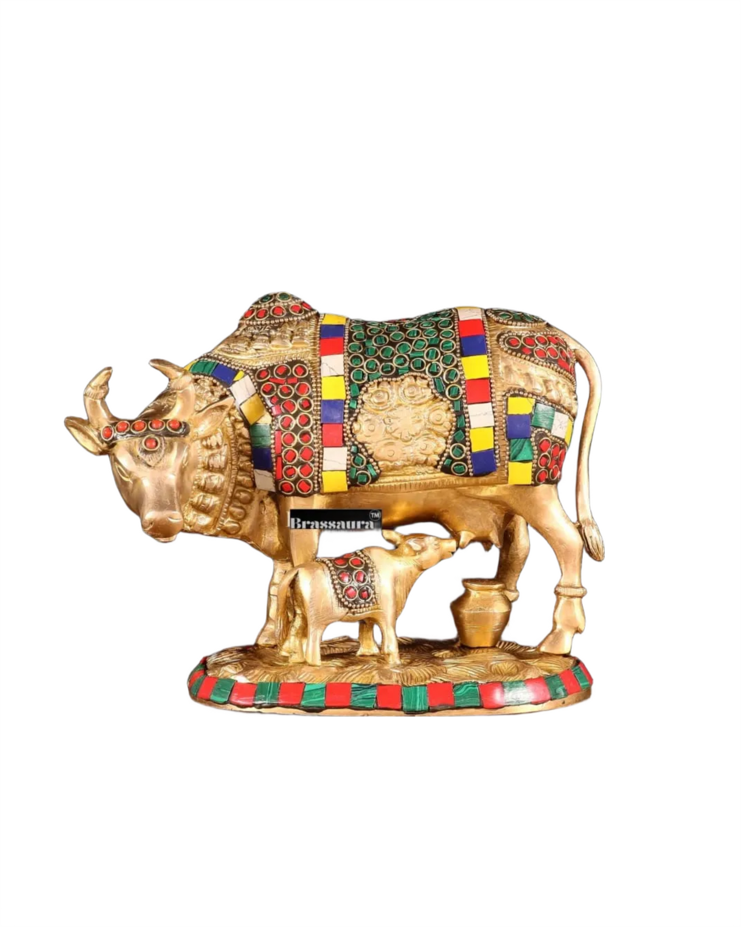 Brassaura™ Brass Cow & Calf Statue with BudShiv Meenakari Stonework – Height 7 Inches & Weight 3.25 Kgs